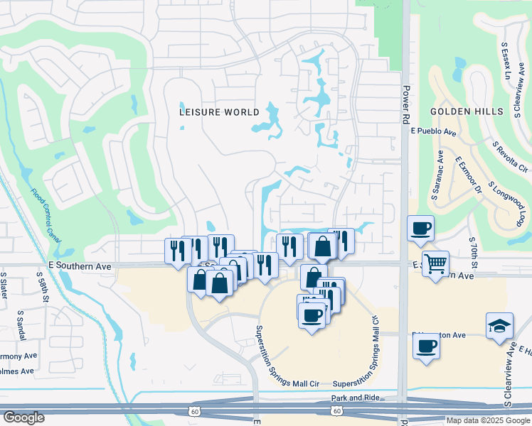 map of restaurants, bars, coffee shops, grocery stores, and more near 388 Leisure World in Mesa