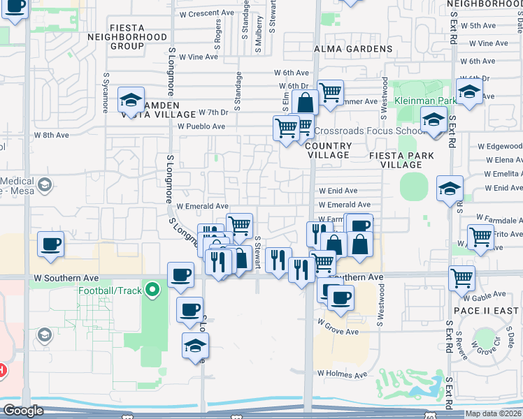 map of restaurants, bars, coffee shops, grocery stores, and more near 1031 South Stewart in Mesa