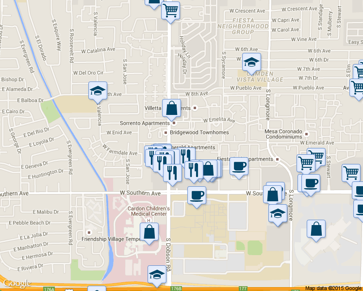 map of restaurants, bars, coffee shops, grocery stores, and more near Continental Townhouses in Mesa