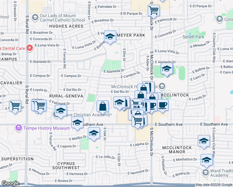 map of restaurants, bars, coffee shops, grocery stores, and more near 1521 East Del Rio Drive in Tempe