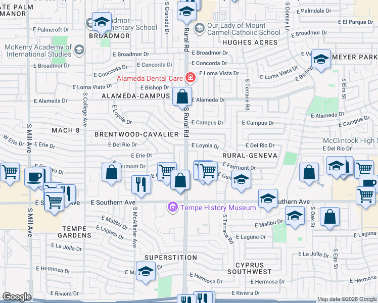 map of restaurants, bars, coffee shops, grocery stores, and more near 3130 South Rural Road in Tempe