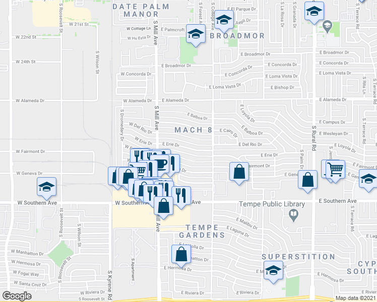 map of restaurants, bars, coffee shops, grocery stores, and more near 115 East Fairmont Drive in Tempe