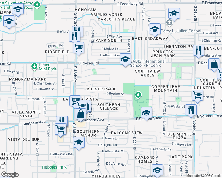 map of restaurants, bars, coffee shops, grocery stores, and more near 1753 East Bowker Street in Phoenix