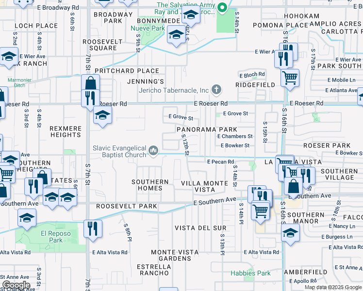 map of restaurants, bars, coffee shops, grocery stores, and more near 5533 South 11th Place in Phoenix
