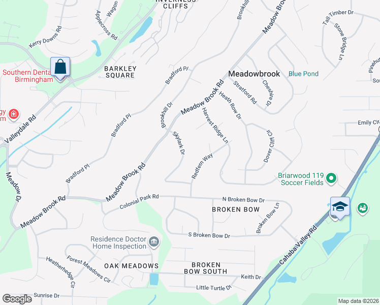 map of restaurants, bars, coffee shops, grocery stores, and more near 5178 Redfern Way in Birmingham