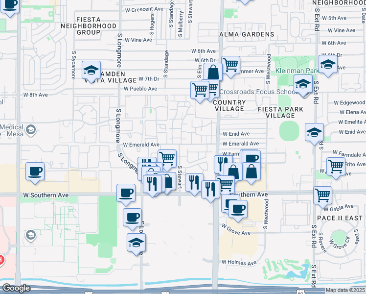 map of restaurants, bars, coffee shops, grocery stores, and more near 1031 South Stewart in Mesa
