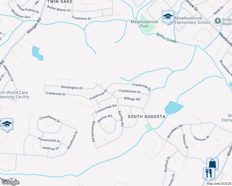 map of restaurants, bars, coffee shops, grocery stores, and more near 2632 Castletown Drive in Hephzibah
