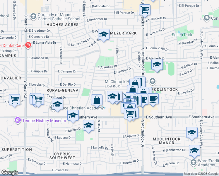 map of restaurants, bars, coffee shops, grocery stores, and more near 1521 East Del Rio Drive in Tempe