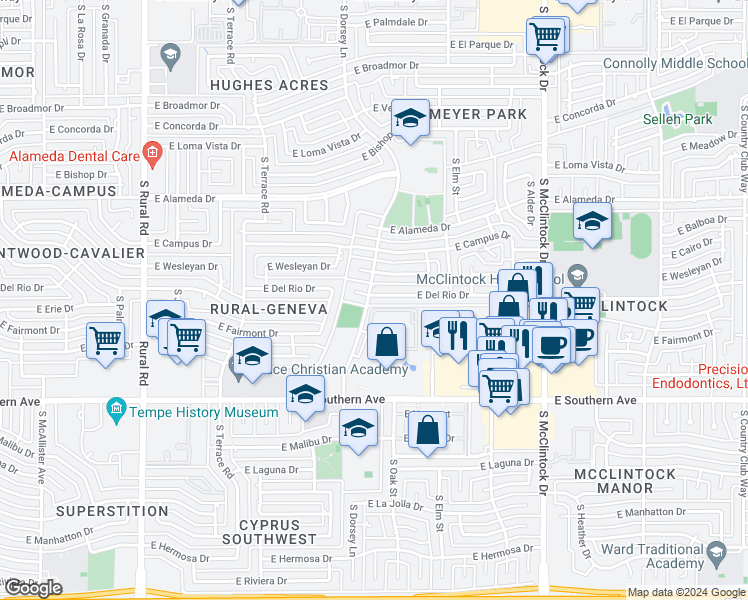 map of restaurants, bars, coffee shops, grocery stores, and more near 1301 East Del Rio Drive in Tempe