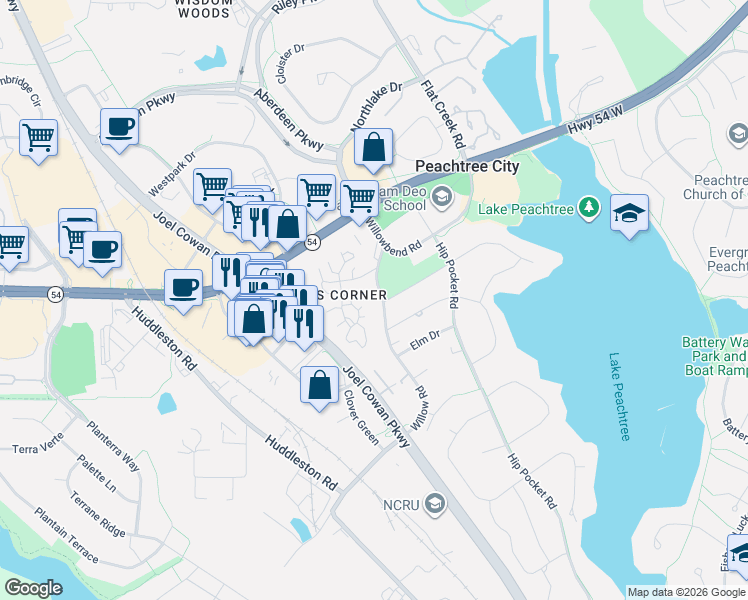 map of restaurants, bars, coffee shops, grocery stores, and more near 300 Willow Road in Peachtree City