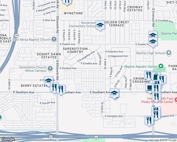 map of restaurants, bars, coffee shops, grocery stores, and more near J North in Mesa