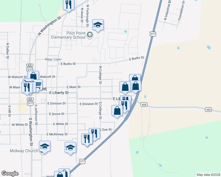 map of restaurants, bars, coffee shops, grocery stores, and more near 633 East Roewe Street in Pilot Point