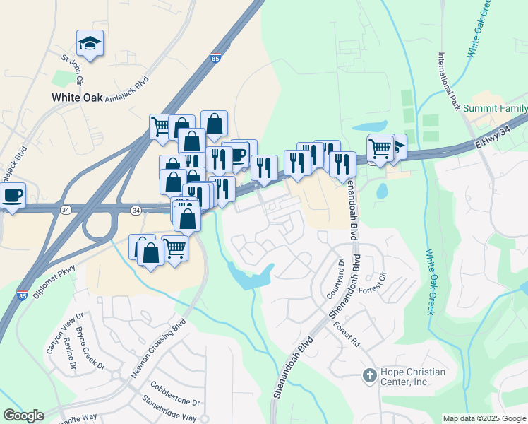 map of restaurants, bars, coffee shops, grocery stores, and more near 40 Greenway Court in Newnan
