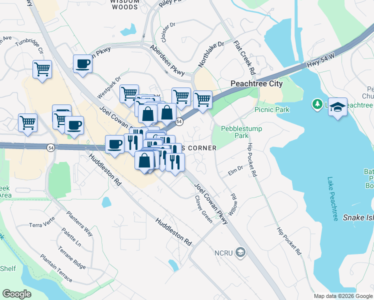 map of restaurants, bars, coffee shops, grocery stores, and more near in Peachtree City
