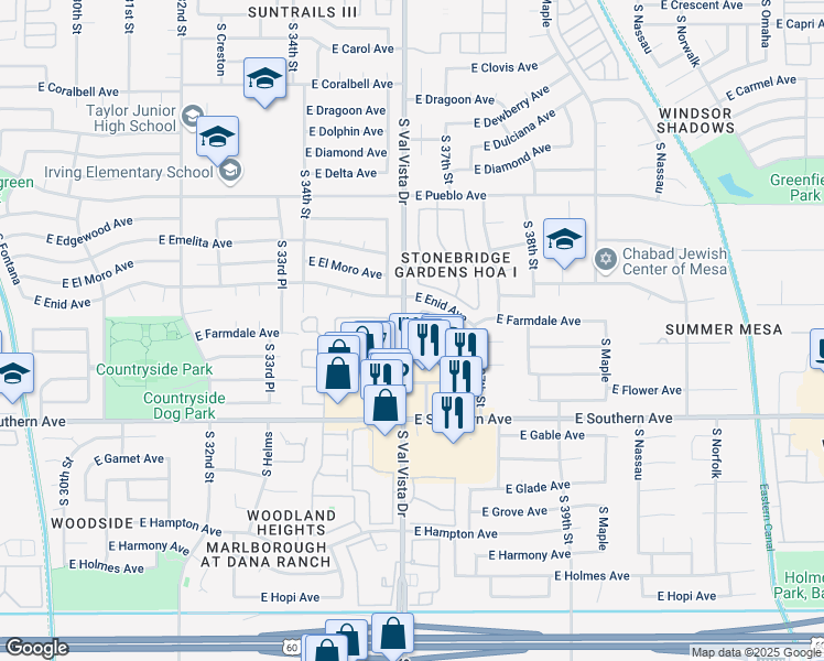 map of restaurants, bars, coffee shops, grocery stores, and more near 1015 South Val Vista Drive in Mesa