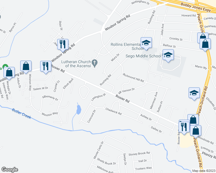 map of restaurants, bars, coffee shops, grocery stores, and more near 2148 Kingsley Court in Augusta