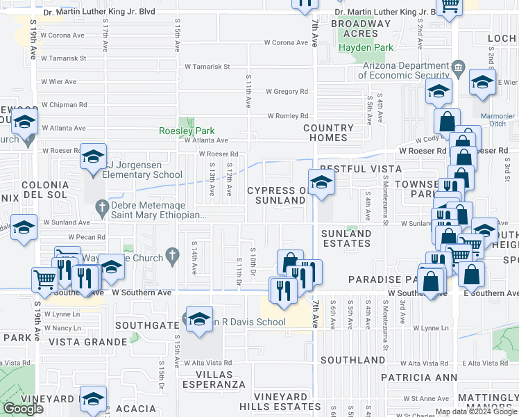 map of restaurants, bars, coffee shops, grocery stores, and more near 5504 South 10th Avenue in Phoenix