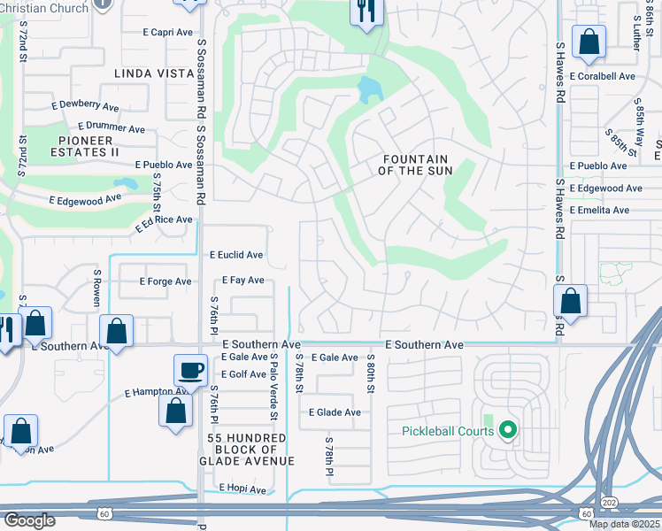 map of restaurants, bars, coffee shops, grocery stores, and more near 1021 South 78th Place in Mesa