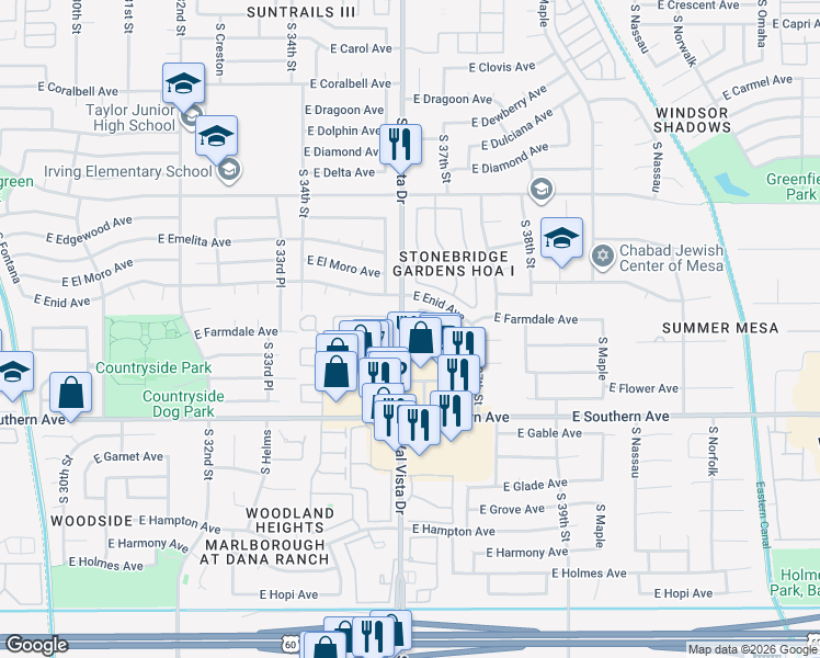 map of restaurants, bars, coffee shops, grocery stores, and more near 1015 South Val Vista Drive in Mesa