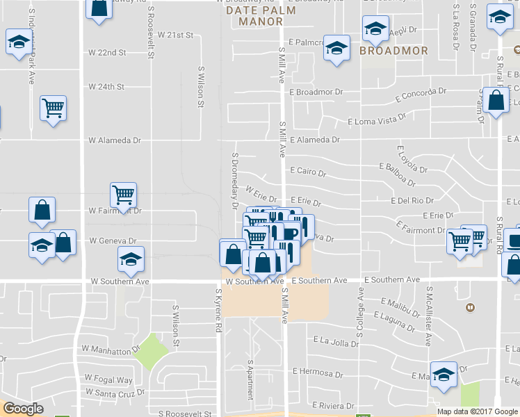 map of restaurants, bars, coffee shops, grocery stores, and more near 11 West Fairmont Drive in Tempe