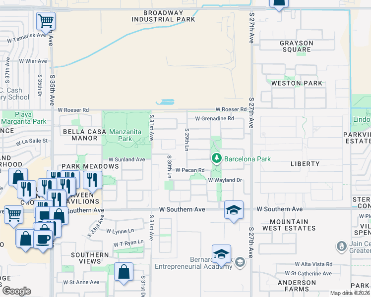 map of restaurants, bars, coffee shops, grocery stores, and more near 5518 South 29th Lane in Phoenix