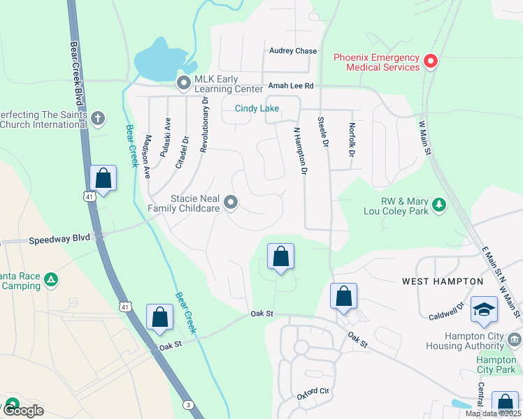 map of restaurants, bars, coffee shops, grocery stores, and more near 1363 Midnight Ride Court in Hampton