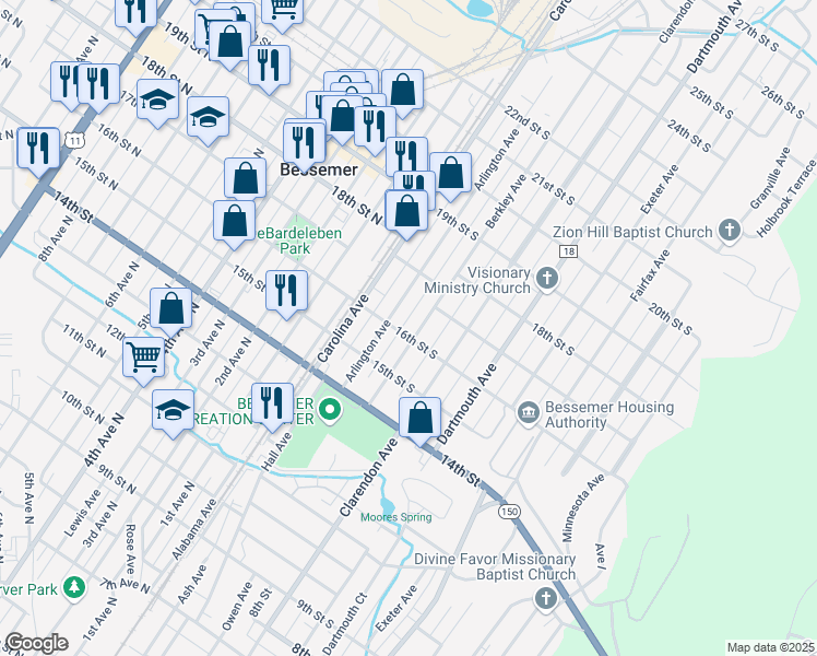 map of restaurants, bars, coffee shops, grocery stores, and more near 1529 Berkley Avenue in Bessemer