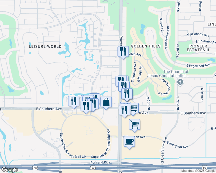 map of restaurants, bars, coffee shops, grocery stores, and more near 99 Leisure World in Mesa