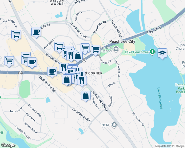 map of restaurants, bars, coffee shops, grocery stores, and more near 202 Twiggs Corners in Peachtree City