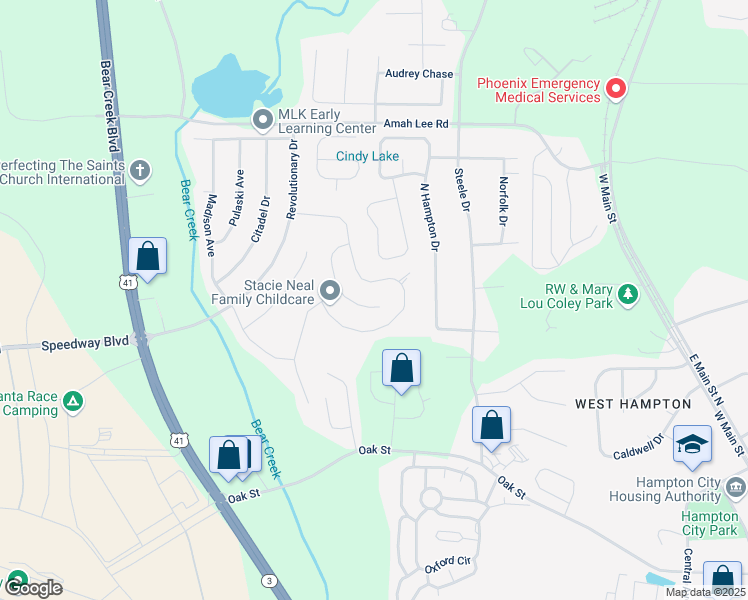 map of restaurants, bars, coffee shops, grocery stores, and more near 1363 Midnight Ride Court in Hampton