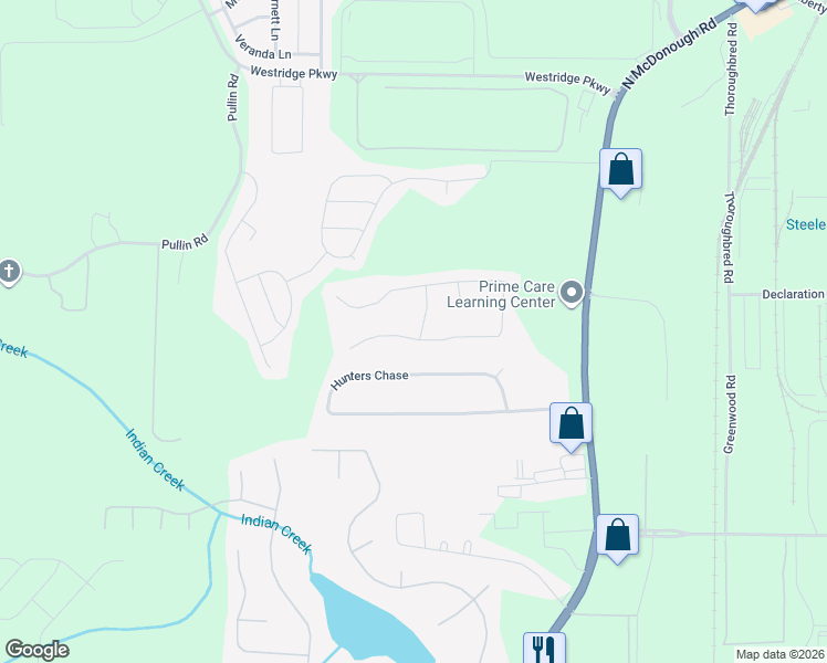 map of restaurants, bars, coffee shops, grocery stores, and more near 239 Pebble Creek Drive in McDonough