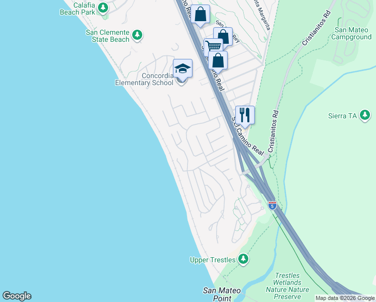 map of restaurants, bars, coffee shops, grocery stores, and more near 252 Avenida Vista Del Oceano in San Clemente