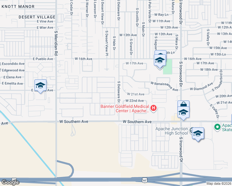 map of restaurants, bars, coffee shops, grocery stores, and more near 1716-1728 South Delaware Drive in Apache Junction