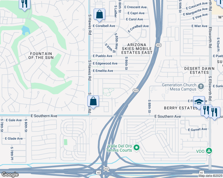 map of restaurants, bars, coffee shops, grocery stores, and more near 8500 East Southern Avenue in Mesa