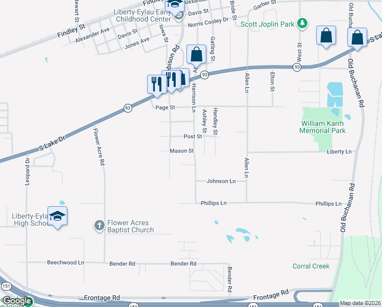 map of restaurants, bars, coffee shops, grocery stores, and more near 3004 Hollywood Street in Texarkana