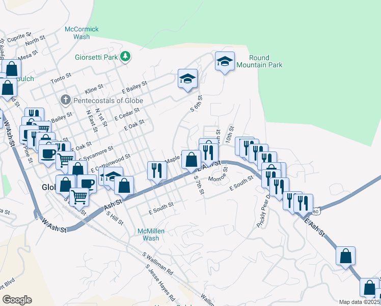 map of restaurants, bars, coffee shops, grocery stores, and more near East Maple Street in Globe