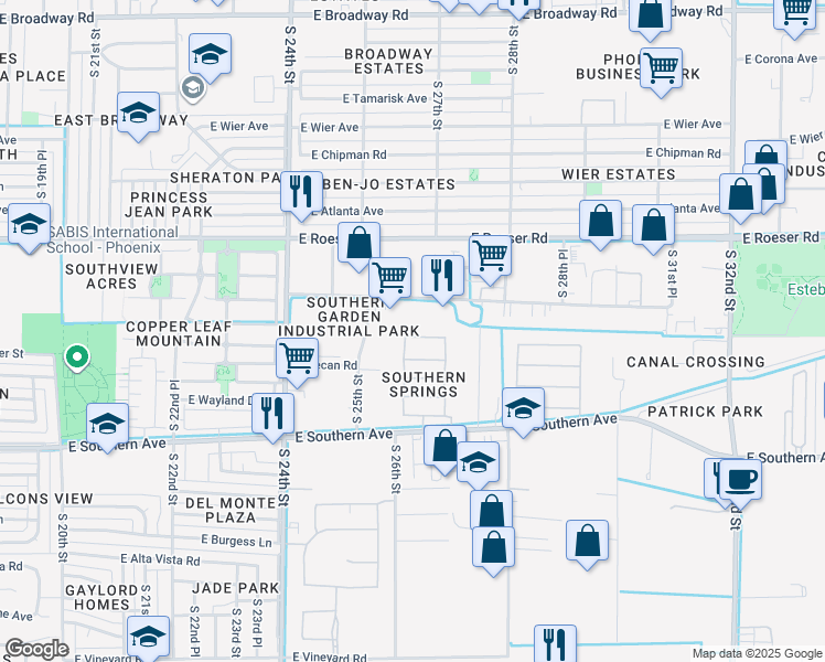 map of restaurants, bars, coffee shops, grocery stores, and more near 2610 East Sunland Avenue in Phoenix