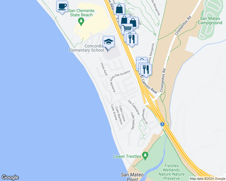 map of restaurants, bars, coffee shops, grocery stores, and more near 252 Avenida Vista Del Oceano in San Clemente