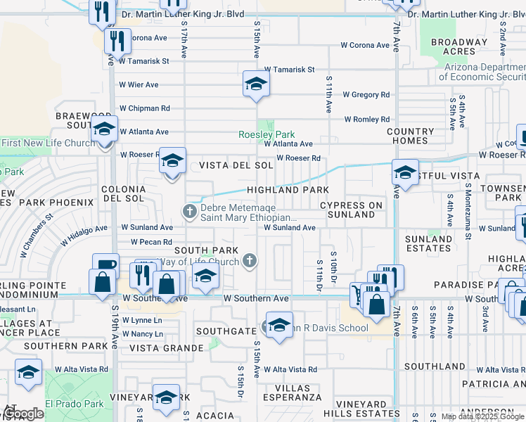 map of restaurants, bars, coffee shops, grocery stores, and more near 5449 South 15th Avenue in Phoenix