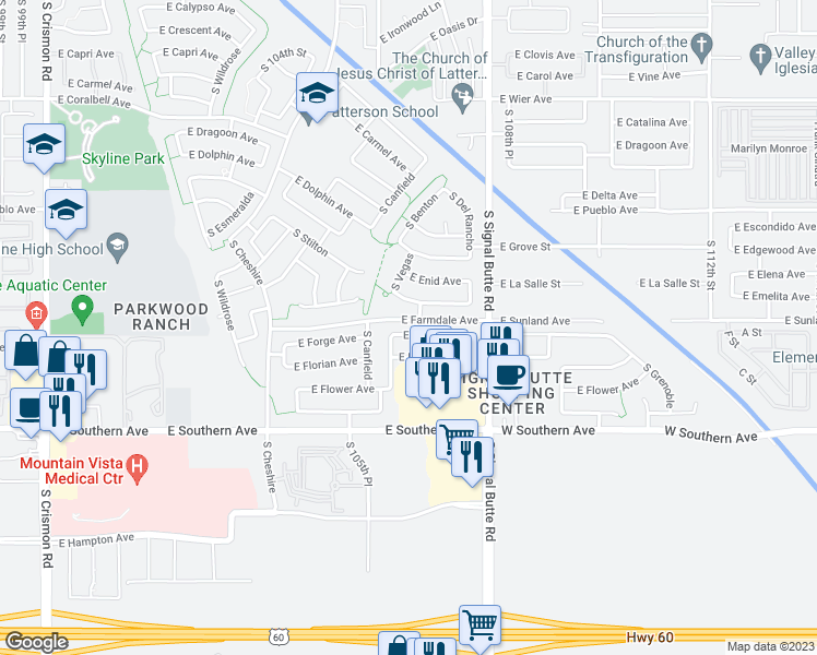 map of restaurants, bars, coffee shops, grocery stores, and more near 10648 East Forge Avenue in Mesa