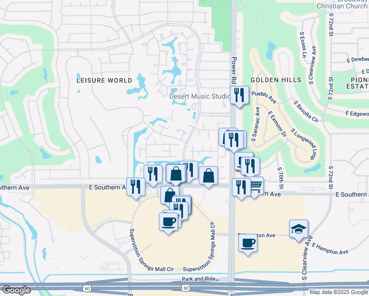 map of restaurants, bars, coffee shops, grocery stores, and more near 908 South Power Road in Mesa