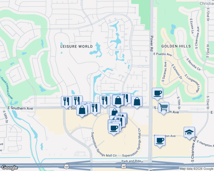 map of restaurants, bars, coffee shops, grocery stores, and more near 336 Leisure World in Mesa