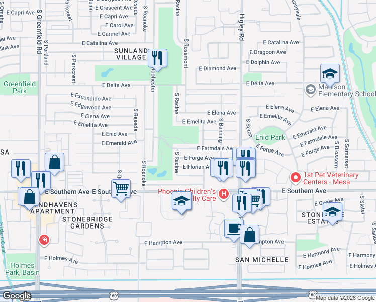 map of restaurants, bars, coffee shops, grocery stores, and more near 4937 East Forge Avenue in Mesa
