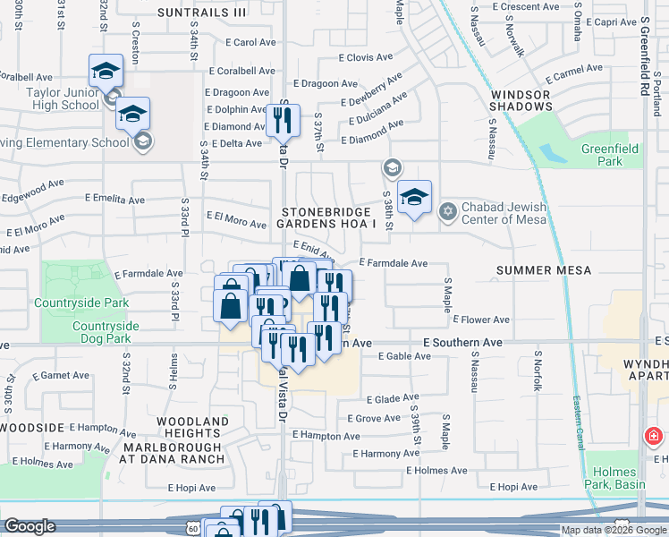map of restaurants, bars, coffee shops, grocery stores, and more near 1015 South Val Vista Drive in Mesa