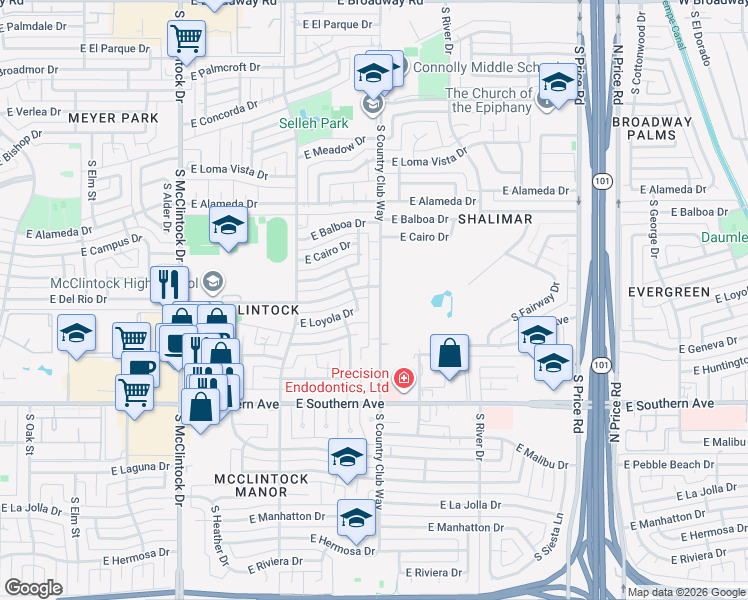 map of restaurants, bars, coffee shops, grocery stores, and more near 1971 East Loyola Drive in Tempe
