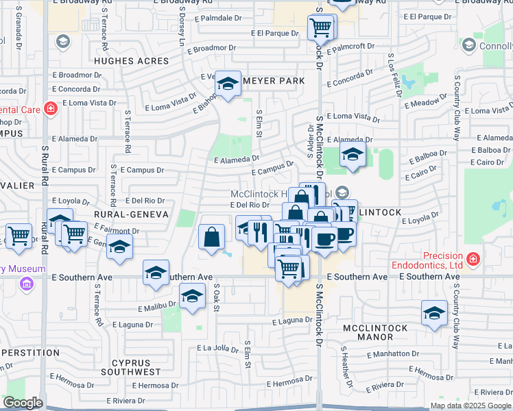 map of restaurants, bars, coffee shops, grocery stores, and more near 1521 East Del Rio Drive in Tempe