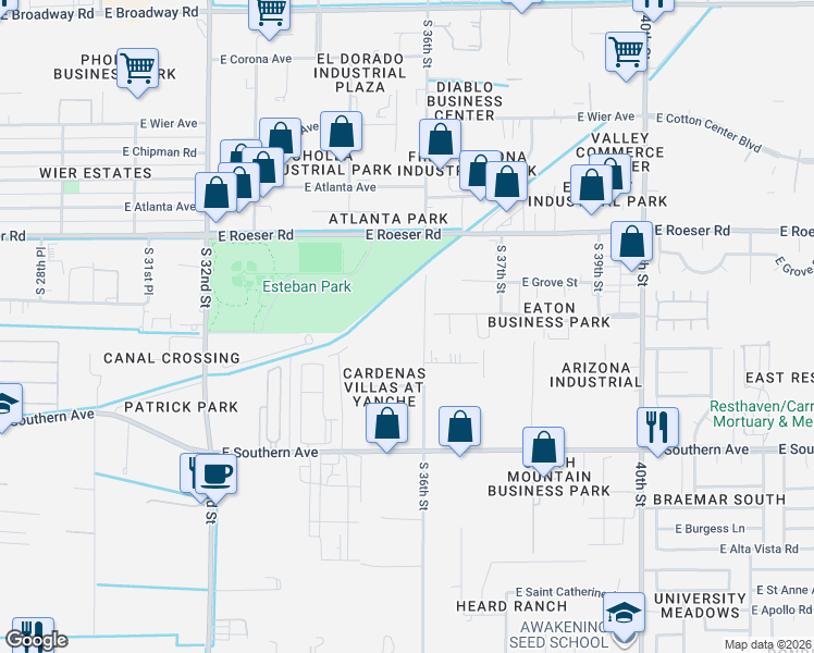 map of restaurants, bars, coffee shops, grocery stores, and more near 5814 South 36th Street in Phoenix