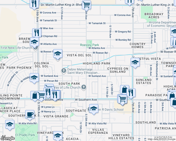 map of restaurants, bars, coffee shops, grocery stores, and more near 5449 South 15th Avenue in Phoenix