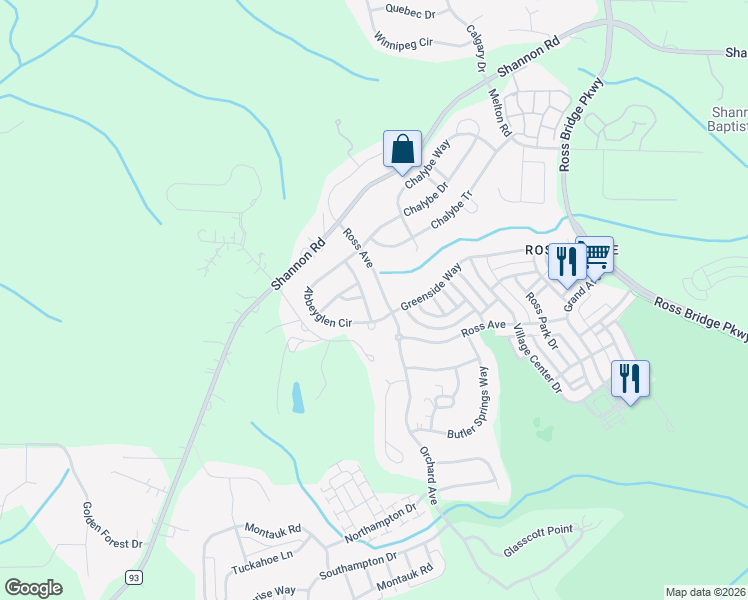 map of restaurants, bars, coffee shops, grocery stores, and more near 2430 Abbeyglen Circle in Birmingham
