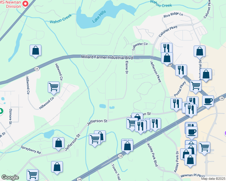 map of restaurants, bars, coffee shops, grocery stores, and more near 8 Lynn Circle in Newnan